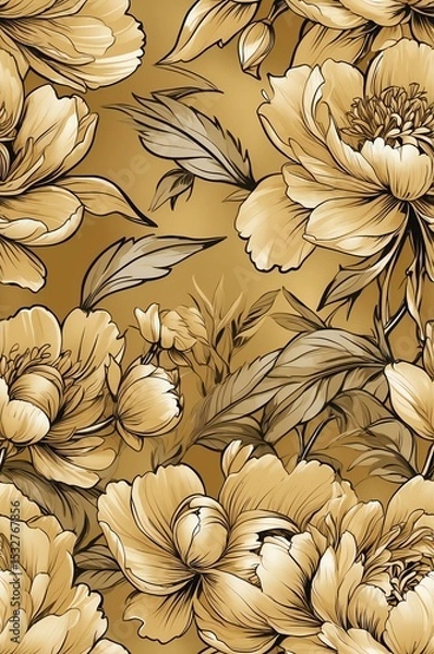 Obraz Peonies on gold background cartoonish seamless pattern