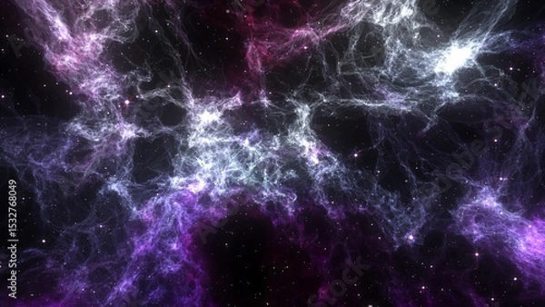 Fototapeta A cosmic nebula with purple and white clouds and scattered stars in deep space