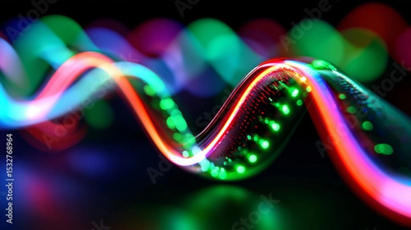 Fototapeta Farbenfrohe LED-Lichterkette mit regenbogenfarbenen Lichtern in wellenförmiger Anordnung