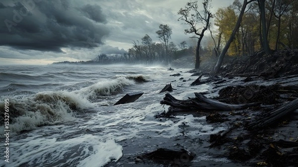 Fototapeta Epic Coastal Floodscape: Extreme Rainfall and the Spectacular Aftermath of Nature's Raw, Unyielding Power Transforming the Drenched Shoreline
