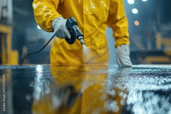 Obraz Worker sprays water in industry