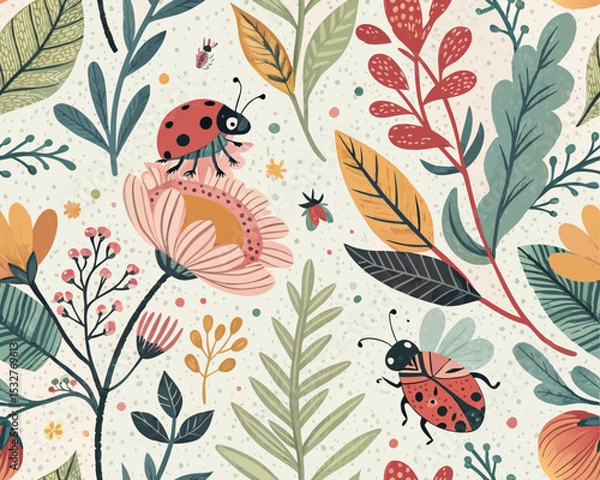 Fototapeta Seamless Tropical Jungle Vector Illustration Pattern. Cute Artsy Mix of Botanical Elements, Abstract Shapes, Animals and Birds for fabric design, nursery decor, kids' products, wallpapers, packaging, 