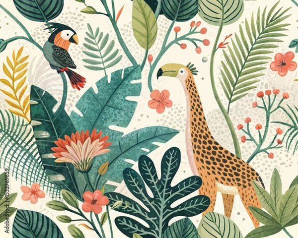 Fototapeta Seamless Tropical Jungle Vector Illustration Pattern. Cute Artsy Mix of Botanical Elements, Abstract Shapes, Animals and Birds for fabric design, nursery decor, kids' products, wallpapers, packaging, 