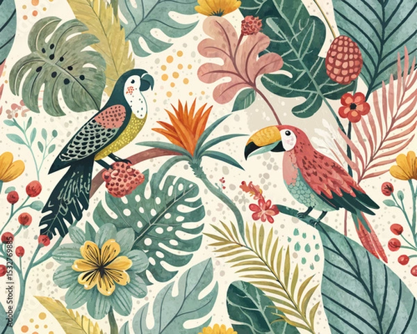 Fototapeta Seamless Tropical Jungle Vector Illustration Pattern. Cute Artsy Mix of Botanical Elements, Abstract Shapes, Animals and Birds for fabric design, nursery decor, kids' products, wallpapers, packaging, 