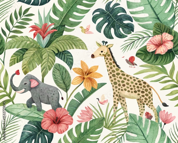 Fototapeta Seamless Tropical Jungle Vector Illustration Pattern. Cute Artsy Mix of Botanical Elements, Abstract Shapes, Animals and Birds for fabric design, nursery decor, kids' products, wallpapers, packaging, 