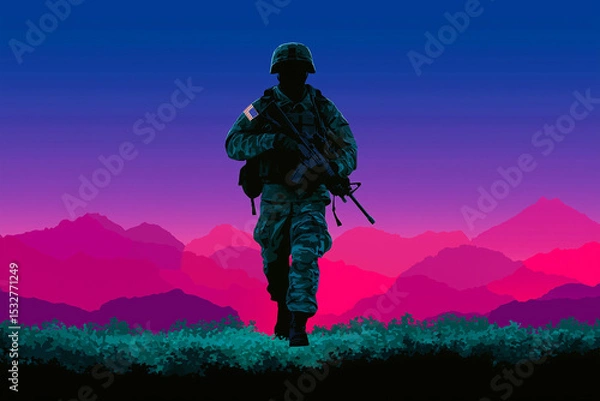 Fototapeta A vector t-shirt design featuring a hand-drawn silhouette of a soldier with a rifle over the American flag, using smooth lines, no shading, and a clean illustration for bold visual impact.