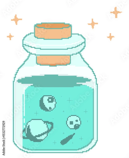 Fototapeta Mini cosmic scene is glowing inside pixel art glass jar, planet orbiting on transparent background