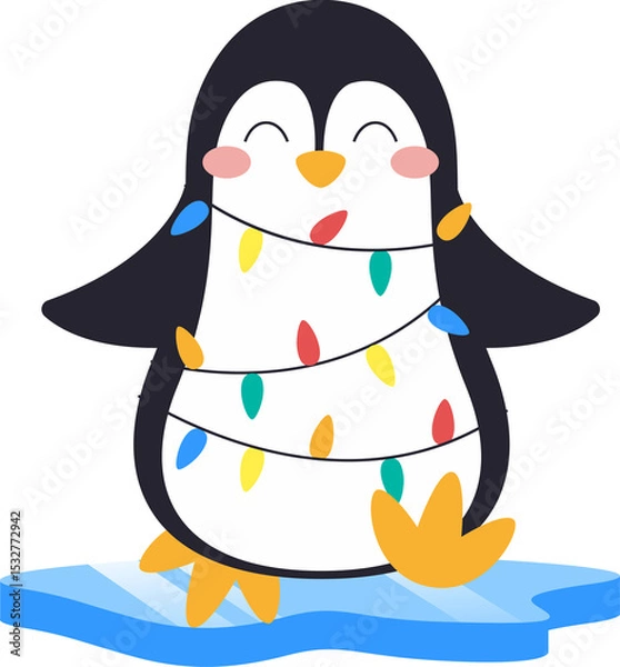 Fototapeta Flat cartoon penguin is standing on ice patch wearing multicolored lights on transparent background