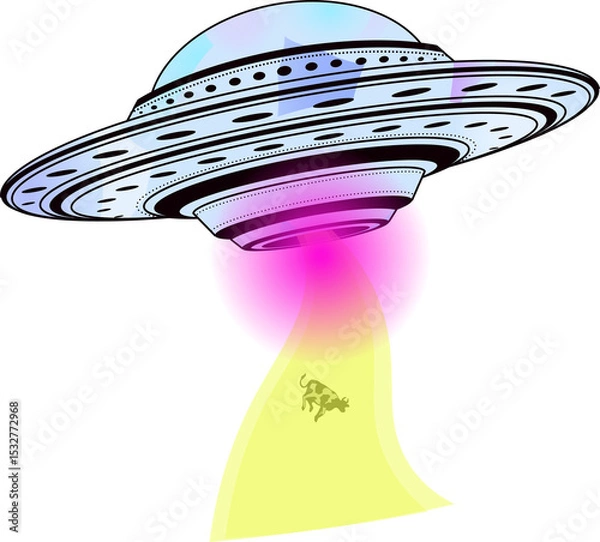 Fototapeta Cartoon-style UFO is hovering on transparent backdrop, emitting magenta beam lifting cow silhouette
