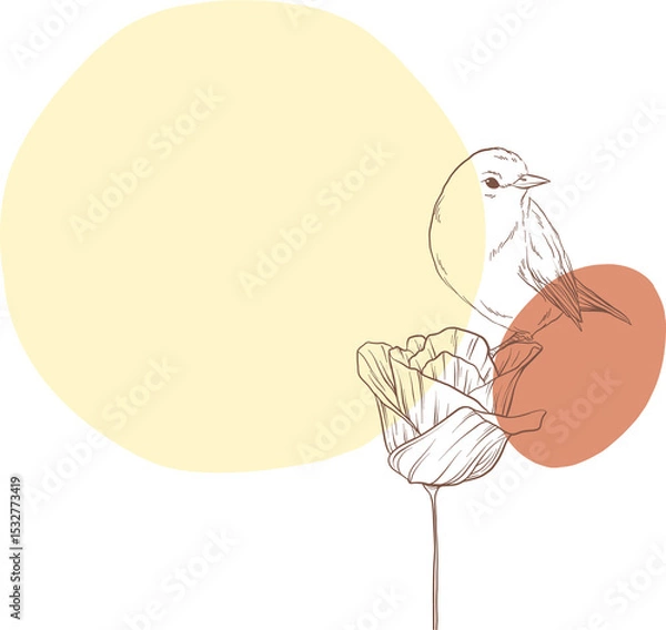 Obraz Small bird is perching on abstract flower bloom in minimalist line-art, transparent background
