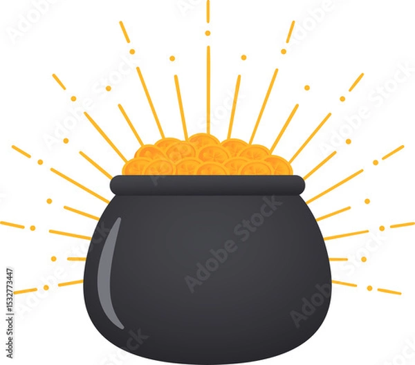 Obraz Flat vector cauldron of gold coins is glowing with radiating beams and dots, transparent background
