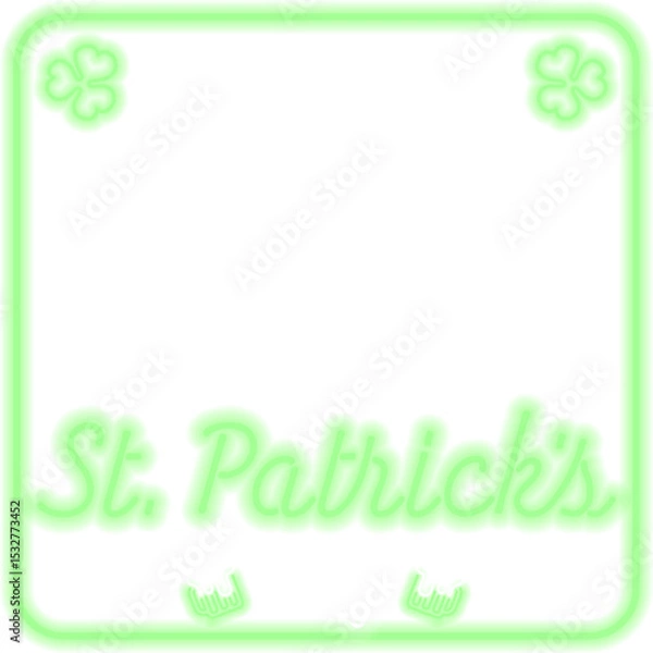 Fototapeta Neon sign showing green double frame, transparent canvas, clover, beer mugs marking St Patricks Day