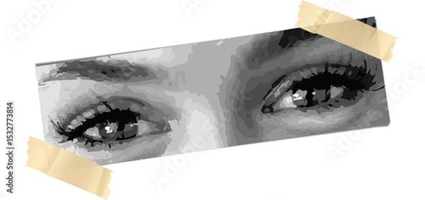 Obraz Grayscale stylized eyes are affixed on torn strip with yellow masking tape, transparent background