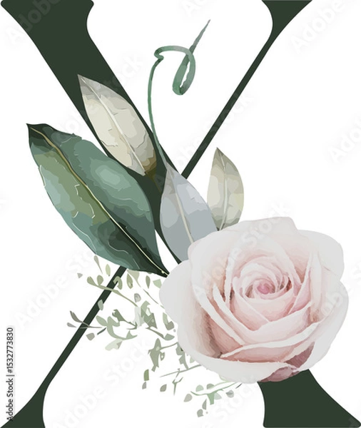Fototapeta Displaying vector illustration of soft pink rose with green eucalyptus sprigs on transparent canvas