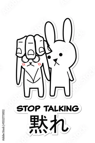 Fototapeta Line art rabbit duo are standing on transparent background, showing STOP TALKING and Japanese text