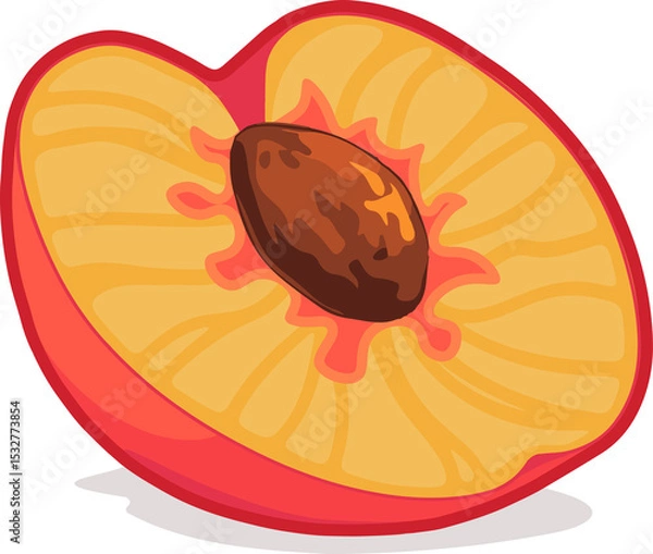 Fototapeta Cartoon-style peach half is resting on transparent background, showing central pit and drop shadow