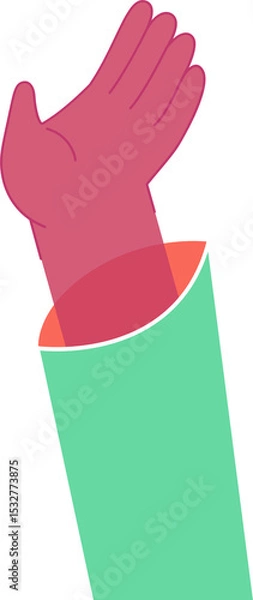 Fototapeta Pink gloved hand is rising from green sleeve orange lining in flat design, transparent background