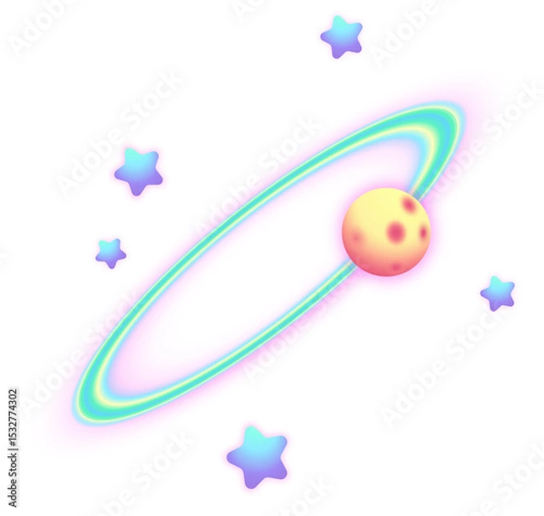 Fototapeta Stylized pastel-ringed planet is floating in flat design with star shapes, transparent backdrop