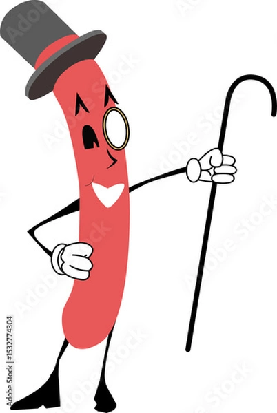 Fototapeta Flat design sausage character is striking pose on transparent background with top hat and cane