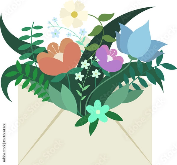 Obraz Flat vector design is showing envelope spilling vibrant flowers and leaves, transparent background