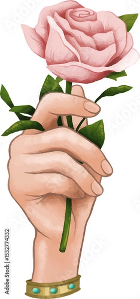 Fototapeta Hand is holding pink rose stem in flat design, showing gold-tone bracelet, transparent background