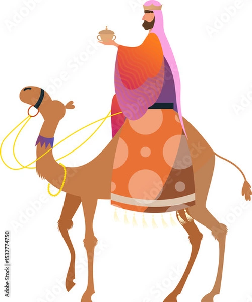 Obraz Crowned traveler is riding camel and holding golden vessel in flat vector art, transparent backdrop