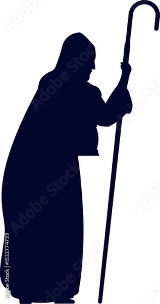 Obraz Hooded figure silhouette is standing in flat design holding shepherd's crook on transparent bg
