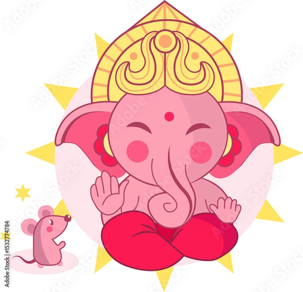 Obraz Pink elephant deity is sitting in flat design with golden crown and mouse, transparent background
