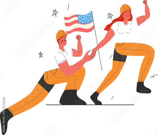 Obraz Cartoon construction duo are posing in flat design with helmets, boots and flag on transparent bg
