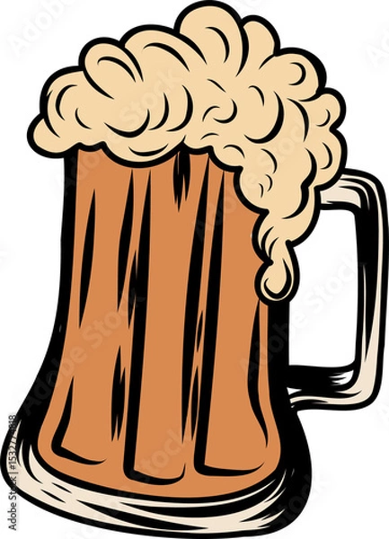 Fototapeta Stylized beer mug is overflowing with frothy foam in flat design, transparent background