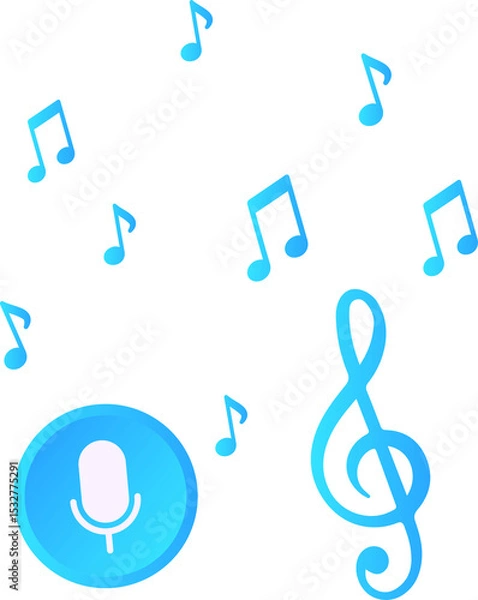 Obraz Flat vector is showing blue gradient mic button, treble clef, music notes on transparent background