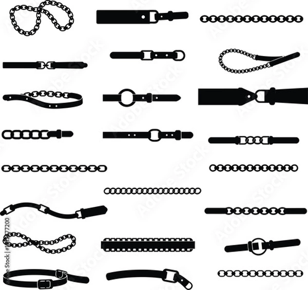 Fototapeta Extensive collection of black vector chain belt and buckle silhouettes, perfect for fashion design, apparel concepts, and accessory graphic projects.