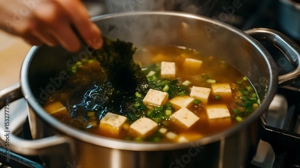 Obraz Close-Up of Japanese Miso Soup with Tofu and Seaweed Simmering on Stove