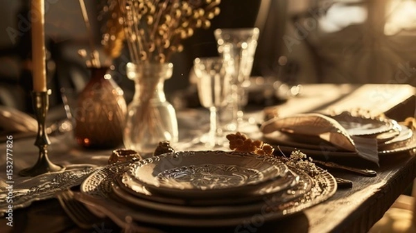 Obraz Bohemian Table Setting with Artisanal Ceramics and Vintage Silverware, Close-Up of Rustic Dining Decor with Dried Florals and Textured Linens, Ideal for Restaurant Menu or Wedding Invitation Design