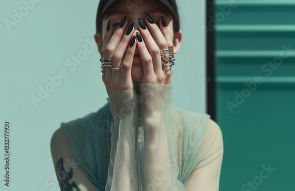 Obraz High-end editorial shot of tired hands with glossy black manicure, abstract metal jewelry wrapping across knuckles