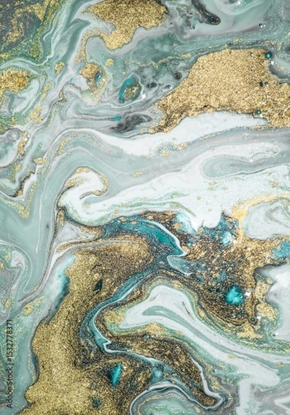 Fototapeta Abstract fluid art with gold glitter accents and turquoise swirls in a pattern