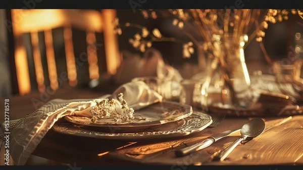 Obraz Bohemian Table Setting with Artisanal Ceramics and Vintage Silverware, Close-Up of Rustic Dining Decor with Dried Florals and Textured Linens, Ideal for Restaurant Menu or Wedding Invitation Design