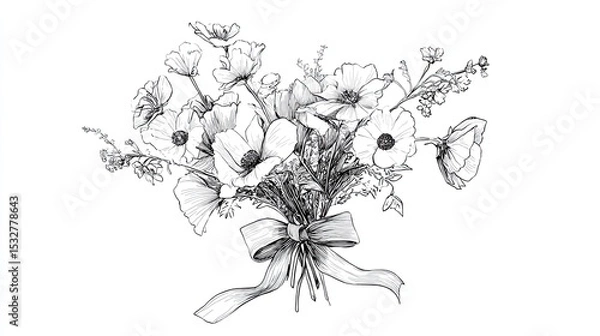 Fototapeta Floral bouquet illustration featuring various flowers with intricate details, tied with a ribbon, showcasing elegance and beauty in a minimalist style for decorative purposes