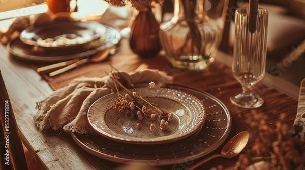 Obraz Bohemian Table Setting with Artisanal Ceramics and Vintage Silverware, Close-Up of Rustic Dining Decor with Dried Florals and Textured Linens, Ideal for Restaurant Menu or Wedding Invitation Design