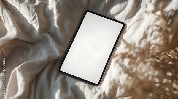 Obraz Tablet mockup on bed with soft light and shadows for digital design and app presentation template