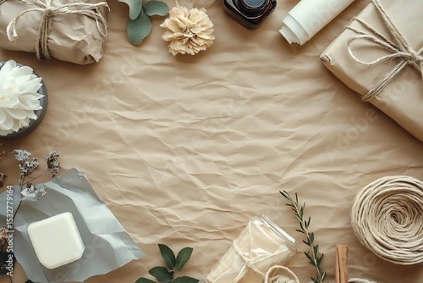 Obraz Rustic gift wrapping ideas brown paper presents twine flowers stationery flat lay aesthetic background