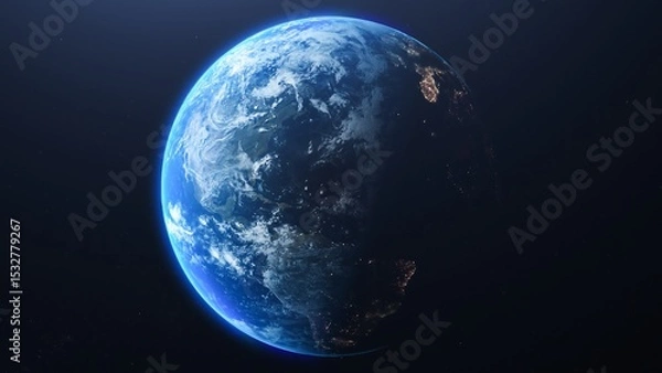 Fototapeta A rendered image of planet earth with visible clouds and city lights at night