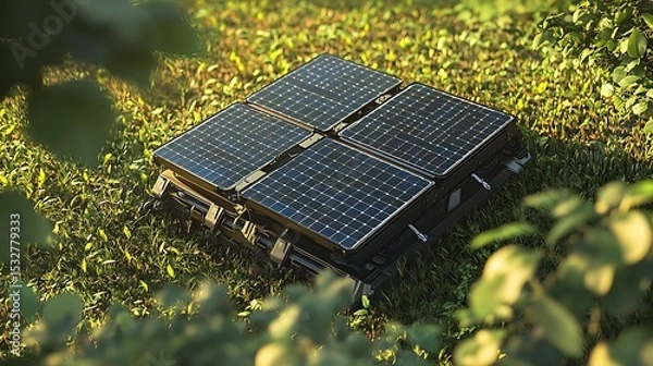 Obraz Portable solar panel system for camping energy generation in green grass environment outdoors