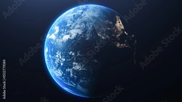 Fototapeta Earth from space showing continents oceans and city lights on the dark side