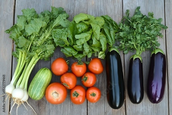 Obraz Fresh vegetables harvest from garden tomatoes eggplant zucchini turnip salad greens cilantro