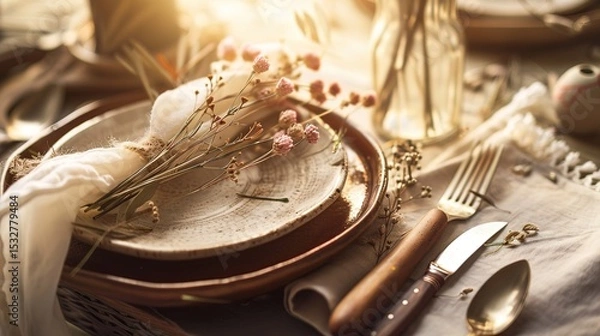 Obraz Bohemian Table Setting with Artisanal Ceramics and Vintage Silverware, Close-Up of Rustic Dining Decor with Dried Florals and Textured Linens, Ideal for Restaurant Menu or Wedding Invitation Design