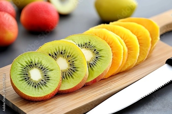 Obraz Sliced kiwi fruit and mango on a wooden board with knife for healthy eating and fresh fruit salad ideas