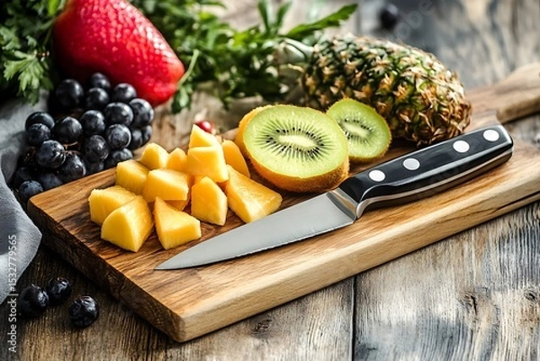 Obraz Fresh fruit salad preparation with pineapple kiwi mango grapes on wooden cutting board and knife