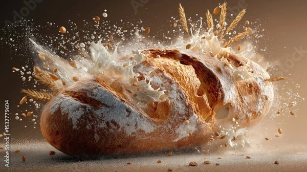 Fototapeta A rustic loaf undergoes a dramatic transformation, enveloped in a powerful splash of cream and the essence of wheat against a dark backdrop