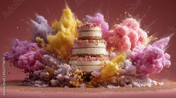 Fototapeta A majestic tiered cake is embraced by a magical explosion of pink, yellow, and lavender powder, creating a scene of grand celebration and whimsical delight